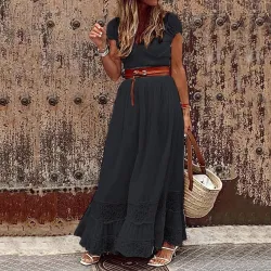 Elegant maxikjole - hule broderi blonder - kortermet