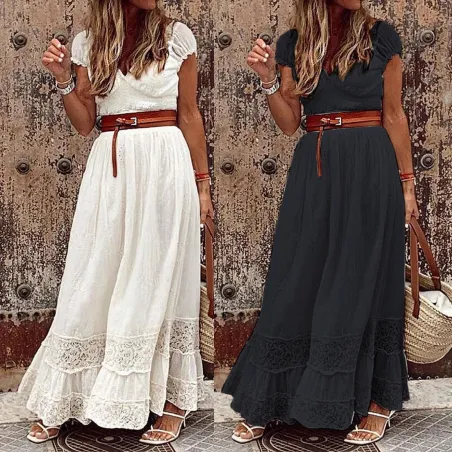 Elegant maxikjole - hule broderi blonder - kortermet