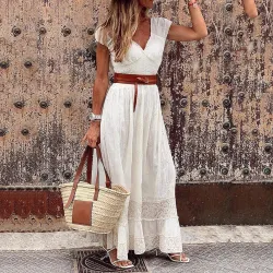 VestidosVestido maxi elegante - encaje bordado hueco - manga corta