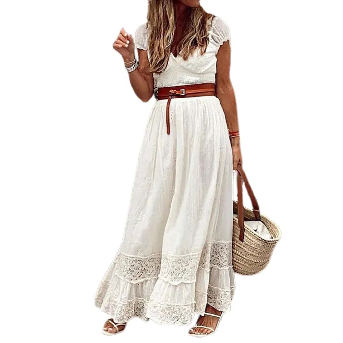 VestidosVestido maxi elegante - encaje bordado hueco - manga corta