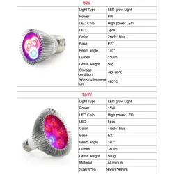 LED plantedyrkningslampe - hydroponisk lys - E27 - 6W - 15W - 21W - 27W - 36W - 45W - 54W