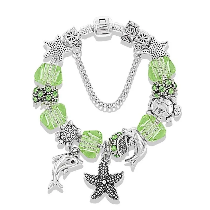 Elegante braccialetto d'argento - stella marina / delfino / perline / tartaruga - cristalli