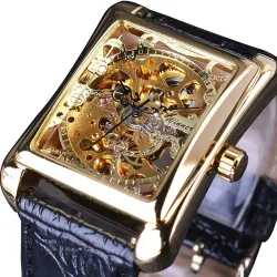 RelojesWINNER - reloj mecánico rectangular - diseño de esqueleto hueco - correa de piel