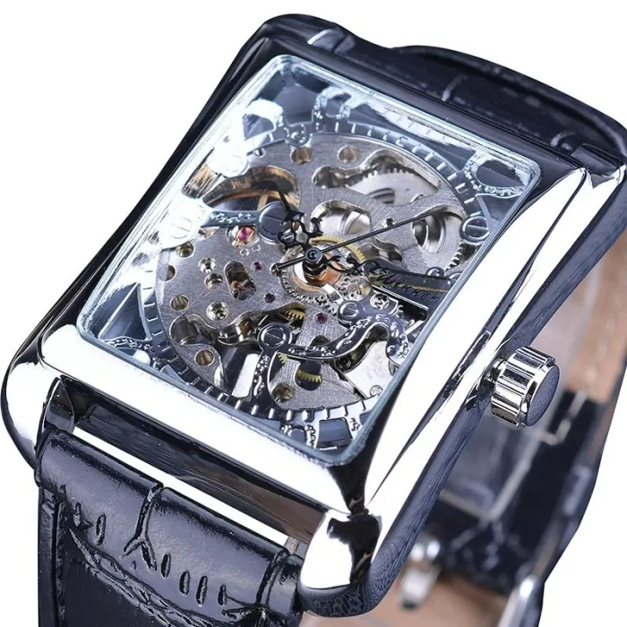 RelojesWINNER - reloj mecánico rectangular - diseño de esqueleto hueco - correa de piel