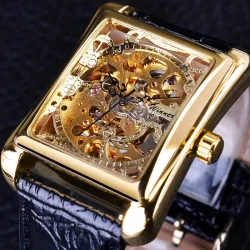 WINNER - rechthoekig mechanisch horloge - uitgehold skeletontwerp - leren bandHorloges