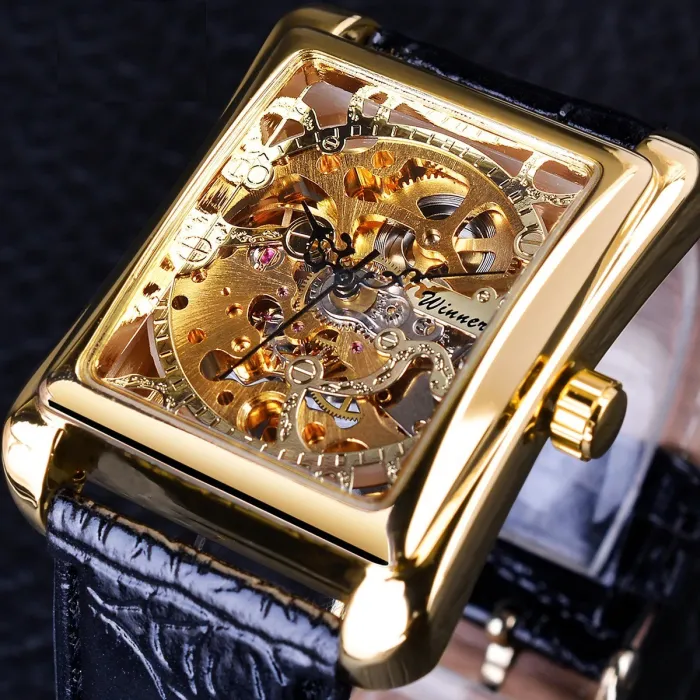 RelojesWINNER - reloj mecánico rectangular - diseño de esqueleto hueco - correa de piel