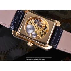WINNER - relógio mecânico retangular - design de esqueleto oco - pulseira de couro