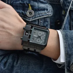 OULM 3364 - groot vierkant sporthorloge - Quartz - brede leren bandHorloges