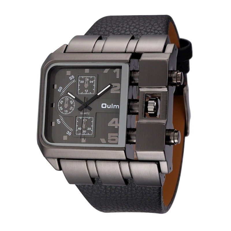 OULM 3364 - relógio esportivo quadrado grande - Quartz - pulseira de couro larga