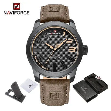 NAVIFORCE - sotilasurheilukello - Kvartsi - vedenpitävä - nahkaranneke - tummanruskea