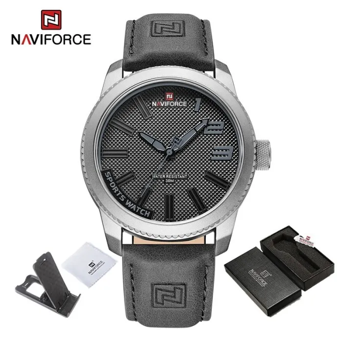 NAVIFORCE - sotilasurheilukello - Kvartsi - vedenpitävä - nahkaranneke - harmaa