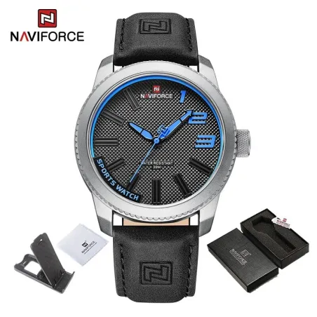 NAVIFORCE - militært sportsur - Quartz - vandtæt - læderrem - sort