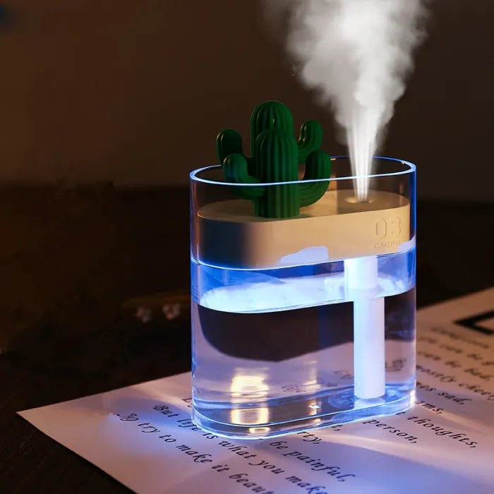 Humidificateur d'air ultrasonique transparent - diffuseur d'huiles essentielles - cactus - LED - USB - 160 ml