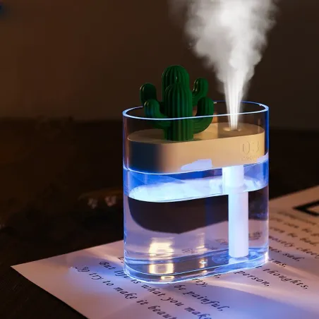Transparent ultralyd luftfukter - diffuser for essensielle oljer - kaktus - LED - USB - 160 ml