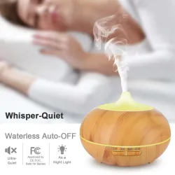 Humidificateur d'air à ultrasons - diffuseur d'huiles essentielles - LED - télécommande - grain de bois - 500 ml