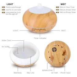 Humidificateur d'air à ultrasons - diffuseur d'huiles essentielles - LED - télécommande - grain de bois - 500 ml