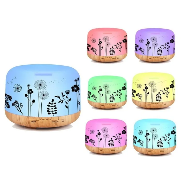 Ultraljudsluftfuktare - diffusor för eteriska oljor - vitt träkorn - LED - EU-kontakt - 500 ml