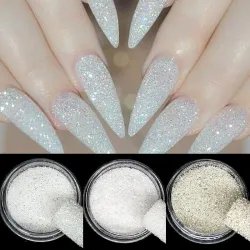 Glänsande nagelglitter - vita gnistrande flingor - sandigt puder