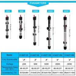 Akvarievannvarmer - med termometer - justerbar - 25W - 50W - 100W - 200W - 300W