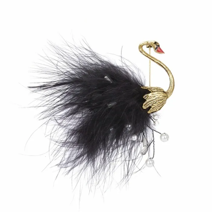 Paon blanc/noir - broche - plumes - perles