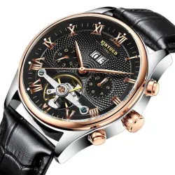 KINYUED - relógio com turbilhão mecânico - design de esqueleto - pulseira de couro