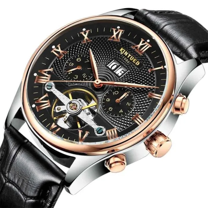 RelojesKINYUED - reloj tourbillon mecánico - diseño esqueleto - correa de piel