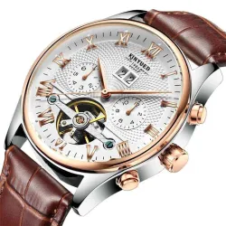 KINYUED - relógio com turbilhão mecânico - design de esqueleto - pulseira de couro