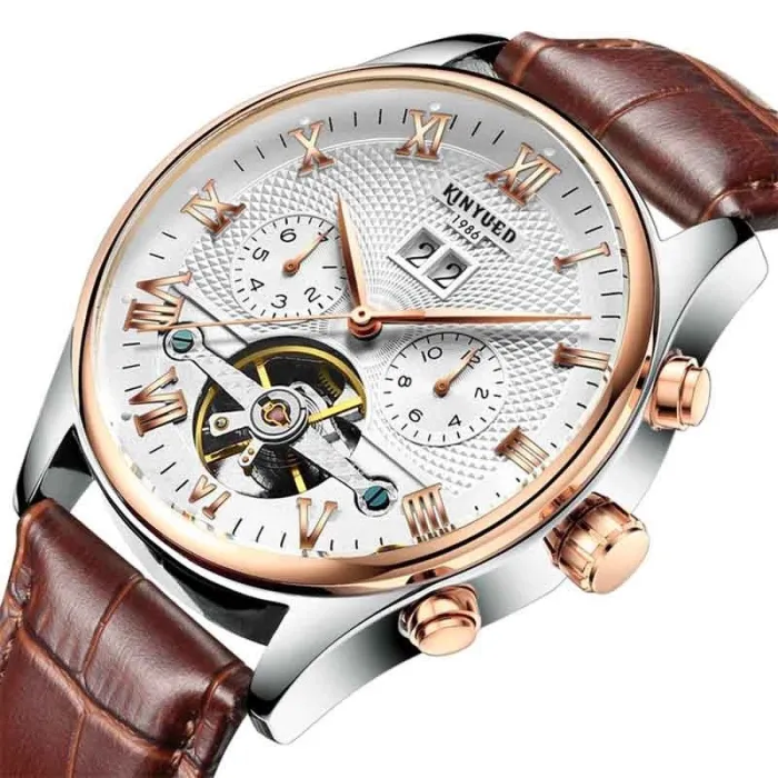 KINYUED - mekanisk tourbillon-klokke - skjelettdesign - lærreim