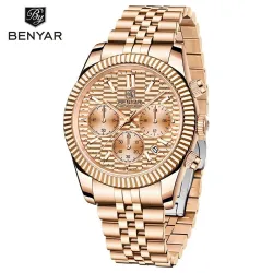 BENYAR - elegante relógio de quartzo - cronógrafo - à prova d'água - aço inoxidável - ouro