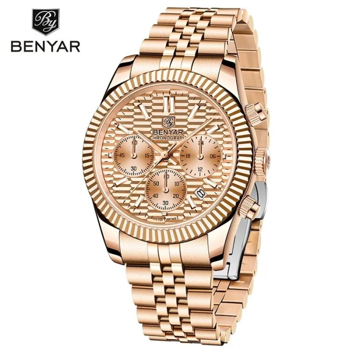 BENYAR - elegant Quartz ur - kronograf - vandtæt - rustfrit stål - guld