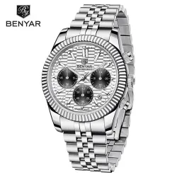 BENYAR - elegant quartz horloge - chronograaf - waterdicht - edelstaal - witHorloges