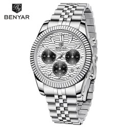 RelojesBENYAR - elegante reloj de cuarzo - cronógrafo - resistente al agua - acero inoxidable - blanco