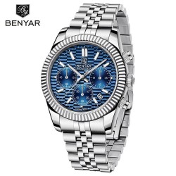 BENYAR - elegante relógio de quartzo - cronógrafo - à prova d'água - aço inoxidável - azul