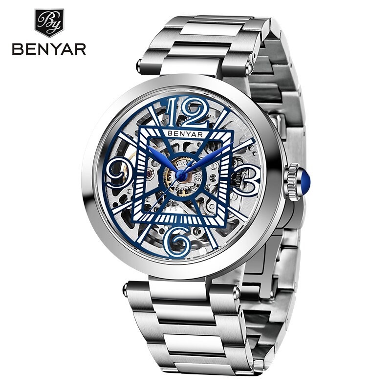 BENYAR - orologio meccanico automatico - design vuoto - acciaio inossidabile - blu