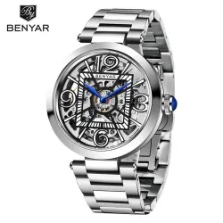 BENYAR - mechanische Automatikuhr - ausgehöhltes Design - Edelstahl - schwarz