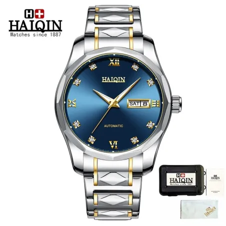 HAIQIN - relógio automático mecânico - aço inoxidável - ouro / azul