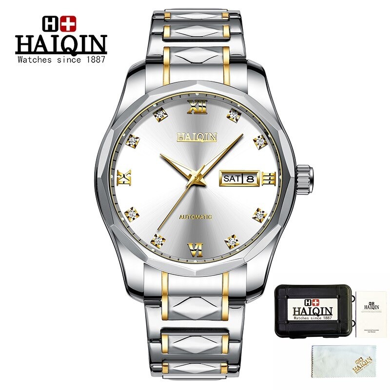 HAIQIN - relógio automático mecânico - aço inoxidável - ouro / branco