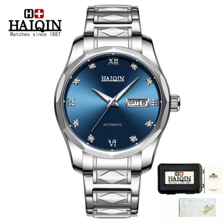 HAIQIN - mekanisk automatisk klokke - rustfritt stål - sølv / blå