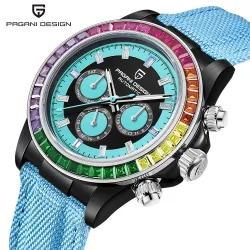 PAGANI DESIGN - mechanische Sportuhr - Chronograph - Regenbogenlünette - Lederarmband - blau