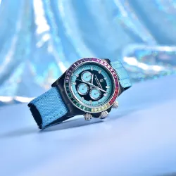 PAGANI DESIGN - montre de sport mécanique - chronographe - lunette arc-en-ciel - bracelet cuir - bleu