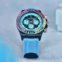PAGANI DESIGN - montre de sport mécanique - chronographe - lunette arc-en-ciel - bracelet cuir - bleu
