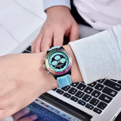 PAGANI DESIGN - montre de sport mécanique - chronographe - lunette arc-en-ciel - bracelet cuir - bleu