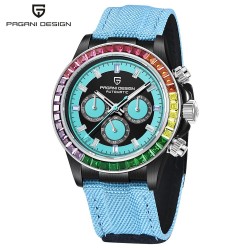 PAGANI DESIGN - relógio esportivo mecânico - cronógrafo - bisel arco-íris - pulseira de couro - azul