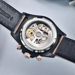 PAGANI DESIGN - montre de sport mécanique - chronographe - lunette arc-en-ciel - bracelet cuir - bleu