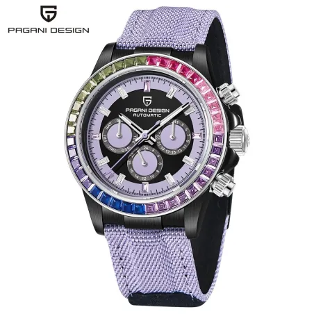 PAGANI DESIGN - mekanisk sportsur - kronograf - regnbuebezel - læderrem - lilla