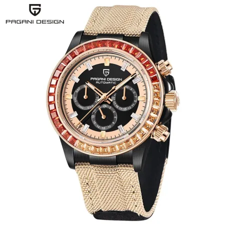 RelojesPAGANI DESIGN - reloj deportivo mecánico - cronógrafo - bisel arcoíris - correa de piel - oro