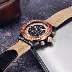 PAGANI DESIGN - mechaniczny zegarek sportowy - chronograf - tęczowy bezel - skórzany pasek - złotyZegarki