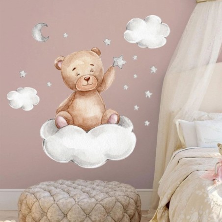 Adesivo de parede de desenho animado - papel de parede de quarto infantil - urso / lua / nuvens / estrelas