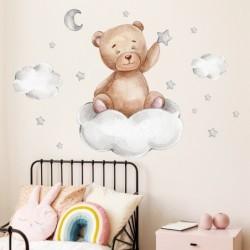 Adesivo de parede de desenho animado - papel de parede de quarto infantil - urso / lua / nuvens / estrelas