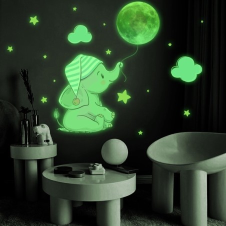 Adesivo de parede luminoso - bebê elefante / lua / balões - papel de parede do quarto das crianças